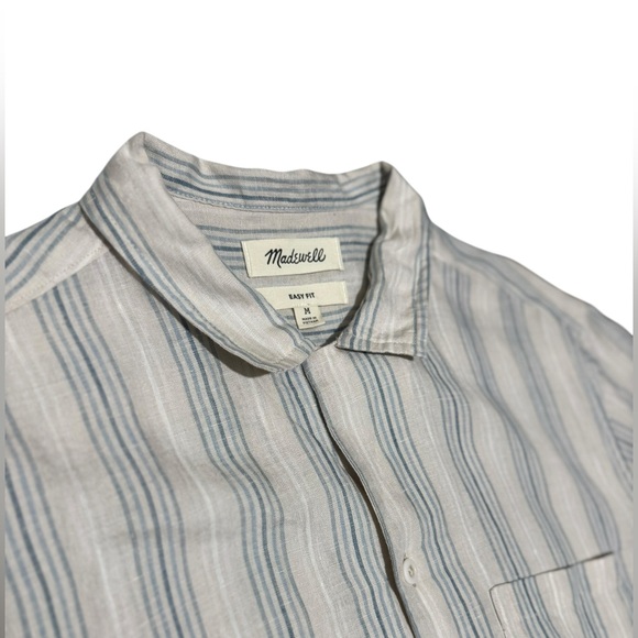 MADEWELL - Easy fit Button down 100% Linen Short Sleeve Shirt - Ivory & Blue - Picture 2 of 6
